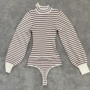 Hem & Thread Striped Ribbed Bodysuit - Cream and Brown